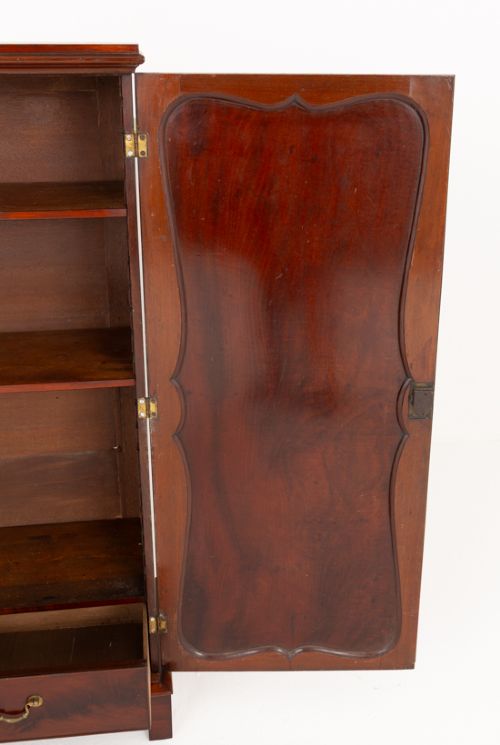 A Georgian mahogany side cabinet featuring two cupboard doors with shaped panel mouldings, brass escutcheons, and bracket feet. View VII