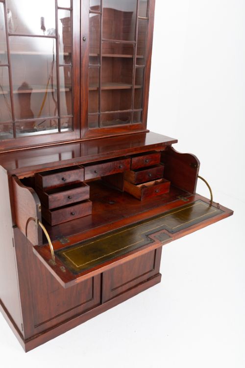 A William IV mahogany secretaire bookcase featuring an upper cabinet with astragal glazed doors, a pull-down secretaire drawer with brass lion mask handles, and a lower two-door cupboard. View V