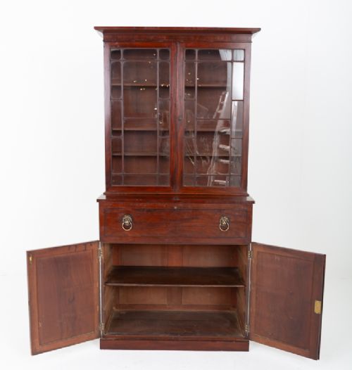 A William IV mahogany secretaire bookcase featuring an upper cabinet with astragal glazed doors, a pull-down secretaire drawer with brass lion mask handles, and a lower two-door cupboard. View VI