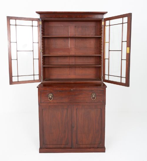 A William IV mahogany secretaire bookcase featuring an upper cabinet with astragal glazed doors, a pull-down secretaire drawer with brass lion mask handles, and a lower two-door cupboard. View VIII