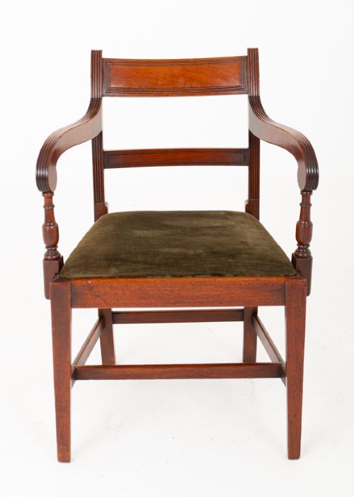 fig 1. A set of six Georgian mahogany dining chairs with reeded frames and dark green velvet upholstered seats.