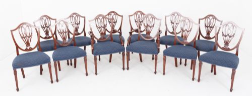 Good Set of 12 (10 + 2) Hepplewhite Style Mahogany Dining Chairs