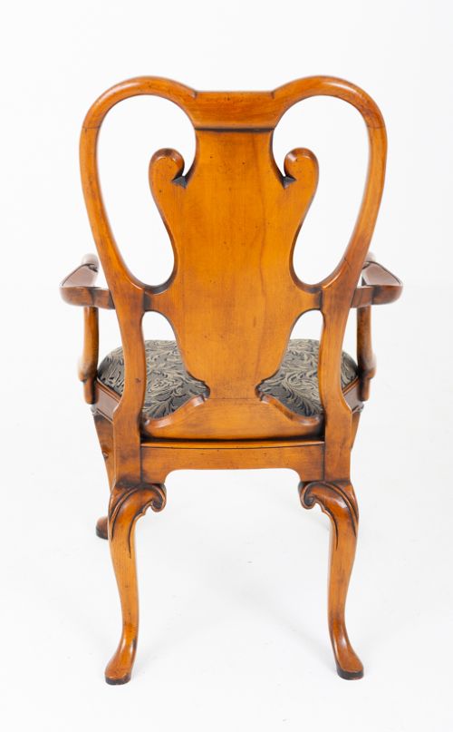 A large set of twenty Queen Anne style elm dining chairs featuring shaped vasiform back splats, upholstered patterned seats, and cabriole legs with carved shell details. View VII