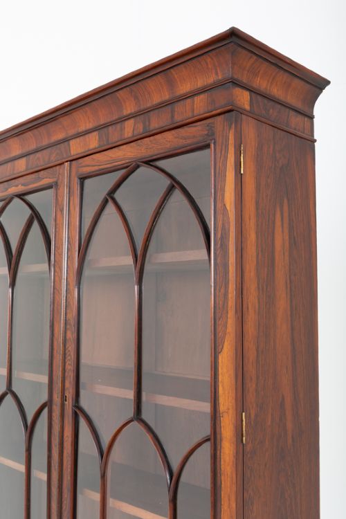 A William IV rosewood glazed bookcase featuring Gothic arched glazing bars on the upper double doors above a two-door solid cabinet base. View VII