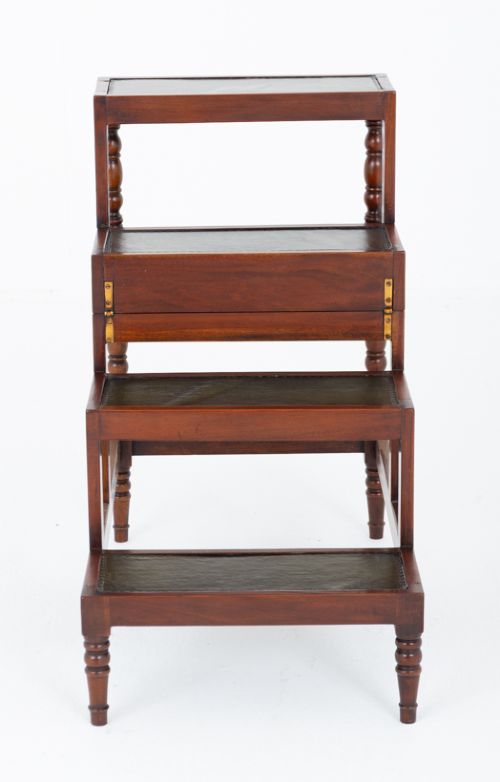 A four-tier mahogany library step structure featuring dark leather-lined treads and turned wooden spindle legs. View VII