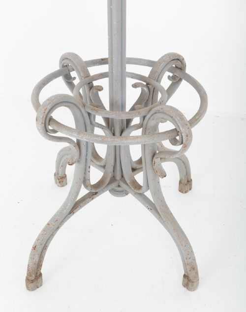 A tall grey painted bentwood hallstand featuring upper scrolled hooks, a central turned finial, and an integrated lower umbrella ring base. View IV