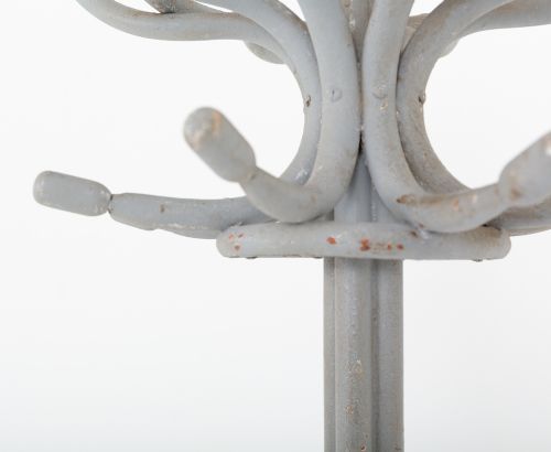 A tall grey painted bentwood hallstand featuring upper scrolled hooks, a central turned finial, and an integrated lower umbrella ring base. View V