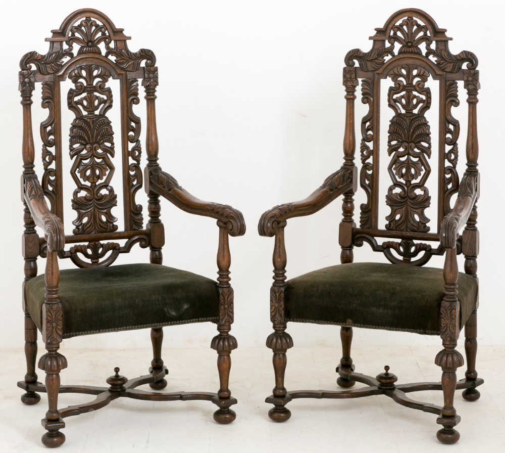 Pair of Cromwellian style Oak Carver Chairs