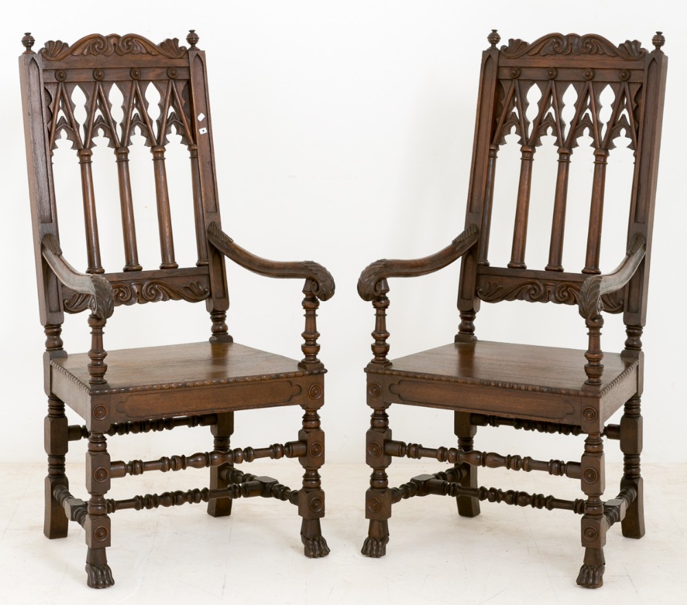 Pair of Oak Gothic Style Arm Chairs