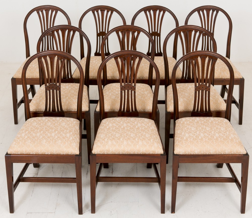 Set of 10 Mahogany Hepplewhite influenced dining chairs