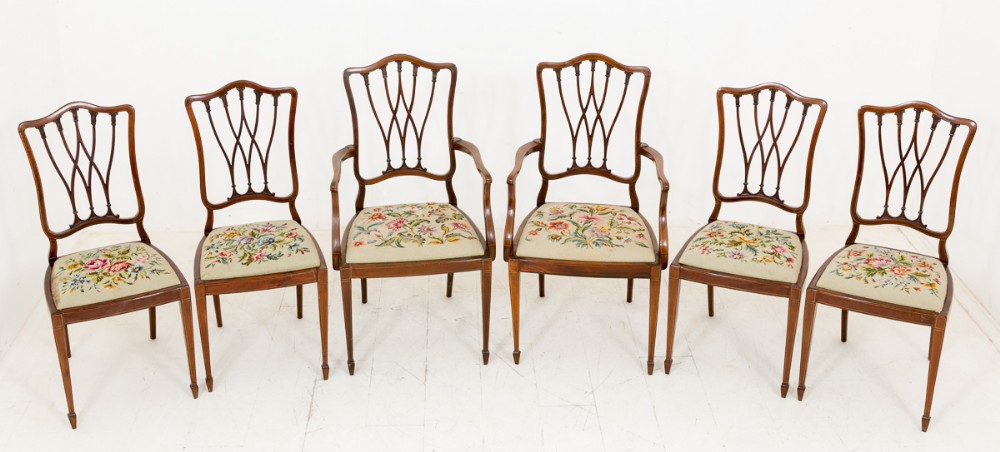 Very Pretty Set of 6 Sheraton Revival Inlaid mahogany Dining Chairs