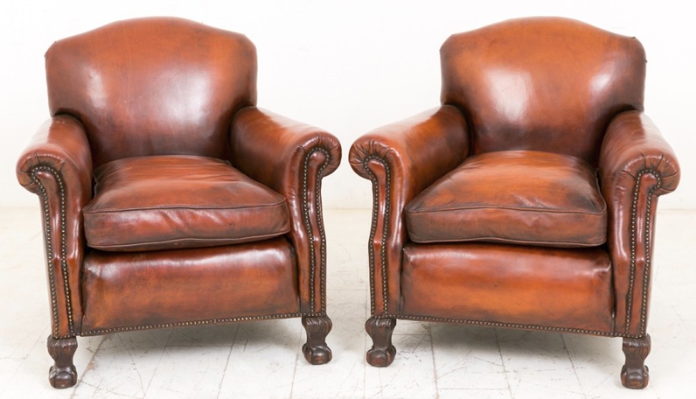 Superb Pair of Leather Club Chairs