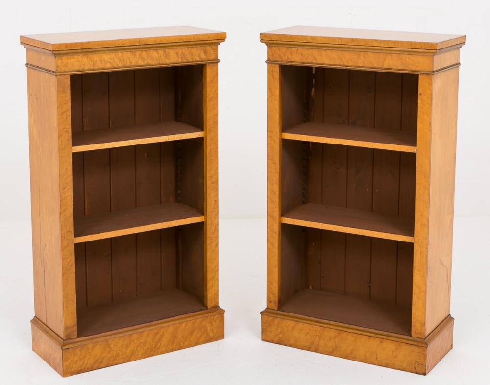Pair of Victorian Style Birdseye Maple open bookcases