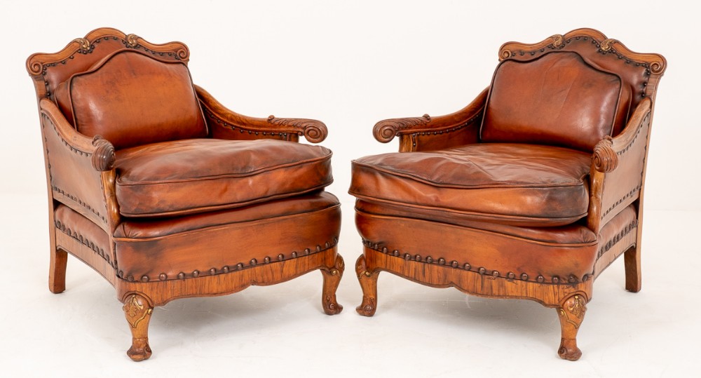 Stunning Pair of Walnut Leather Club Chairs