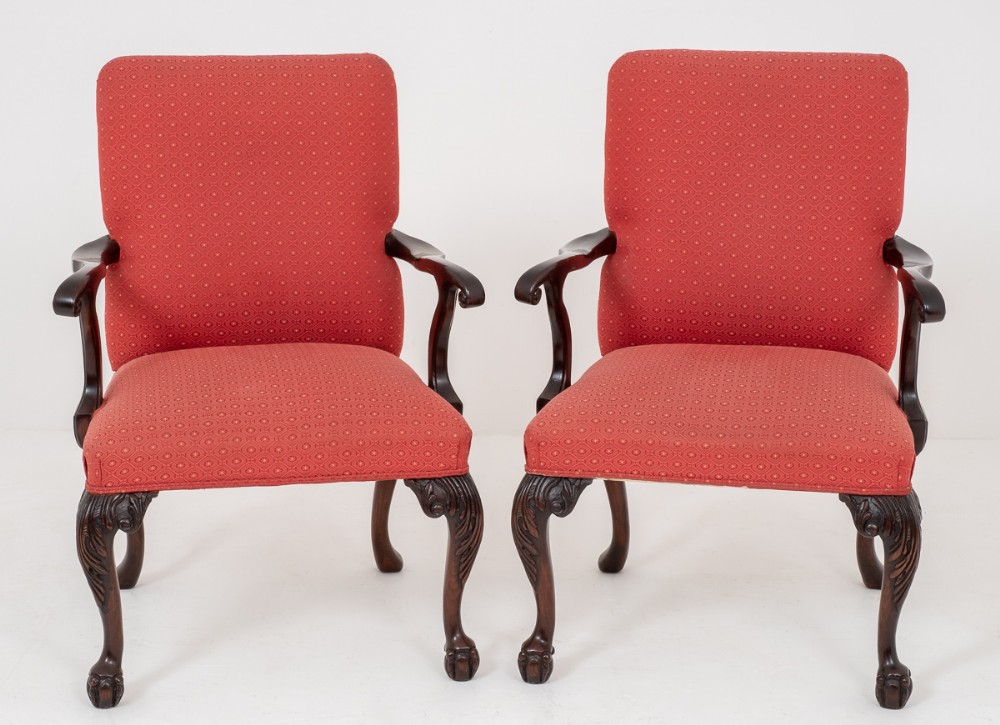 Pair of Mahogany Chippendale Style Open Elbow Chairs