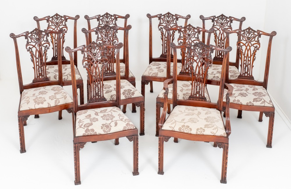 Set of 10 Mahogany Ribbon Back Chippendale Style Dining Chairs