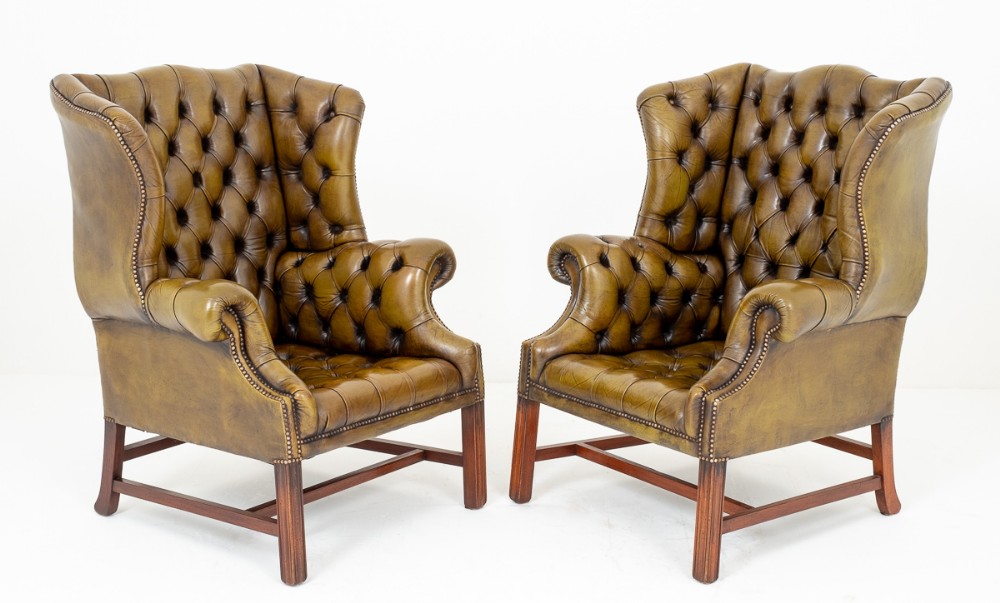 Superb Pair of Georgian Style Deep Buttoned Wing Chairs