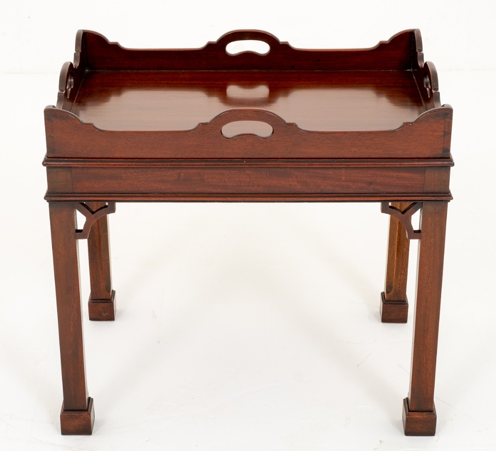 Mahogany Tray Top Coffee Table with Chippendale Influences.