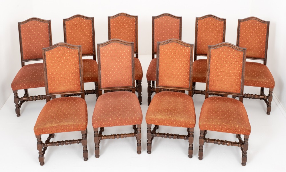 Set of 10 Oak Jacobean Style Dining Chairs