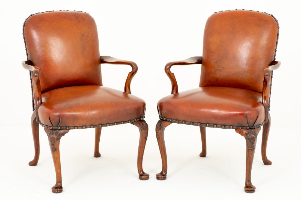 Superb Pair of Queen Anne Style Leather Open Arm Chairs