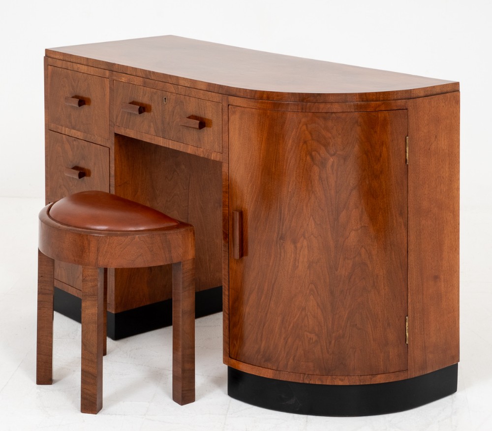 Art Deco Walnut Desk and Stool