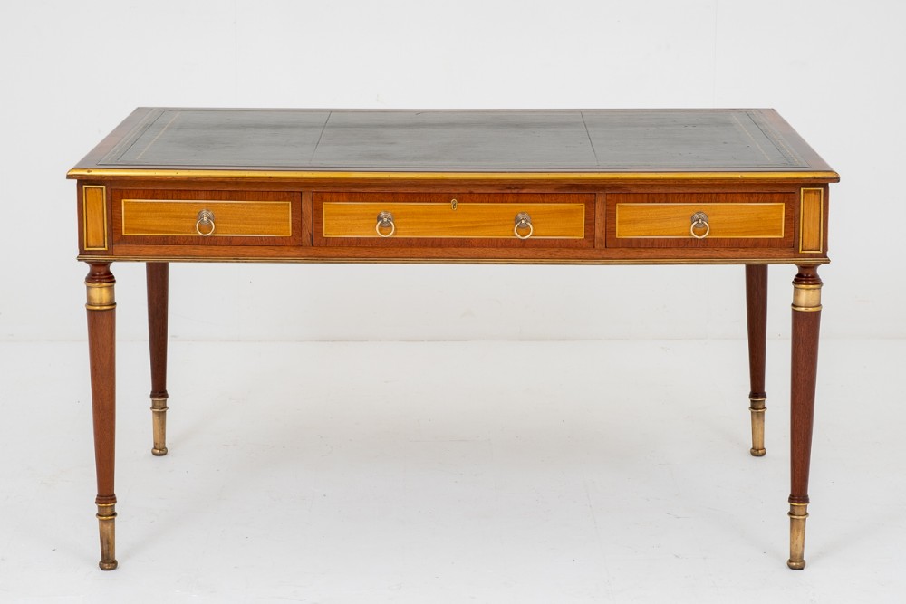 French Mahogany and Satinwood 3 drawer writing table