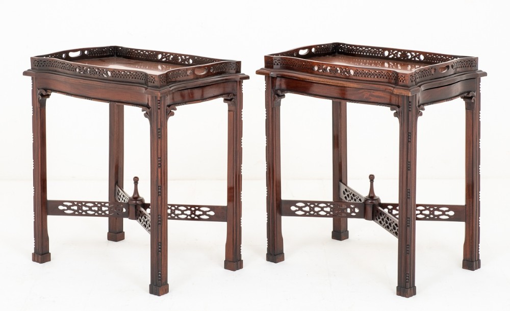 Delightful Pair of Mahogany Chippendale Style Silver Tables