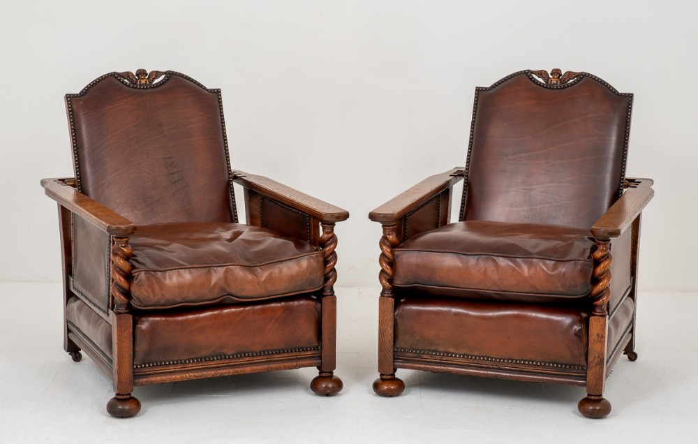 Good Pair of Oak & Leather Club Chairs