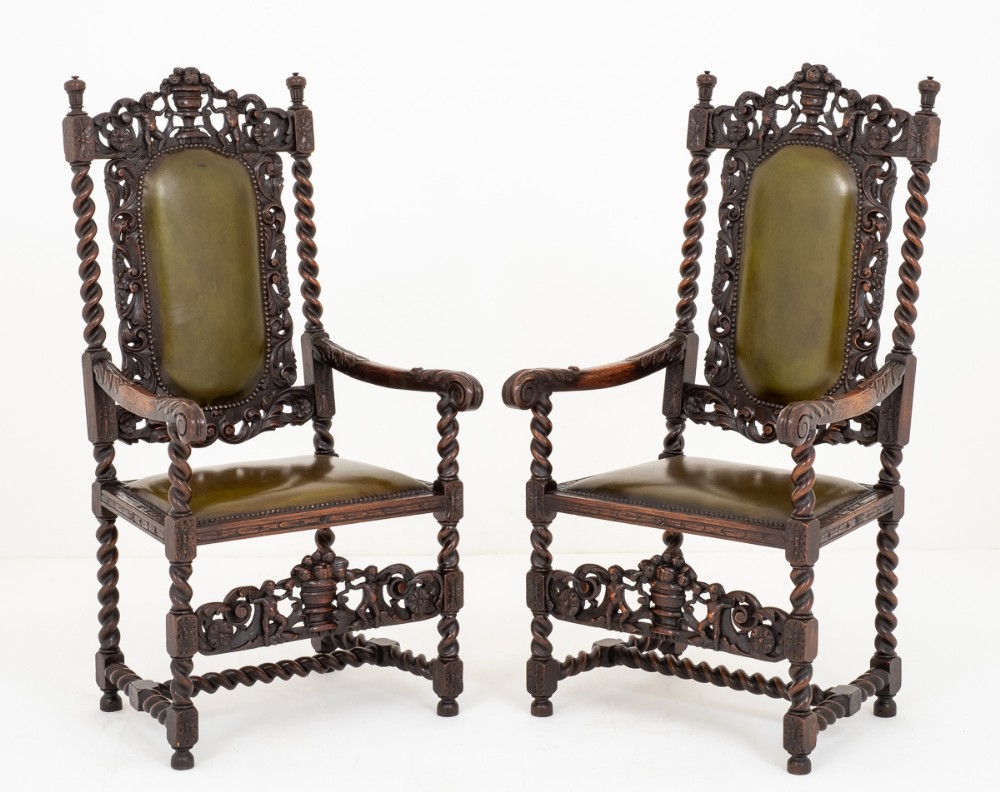 Good Pair of Carved Oak Jacobean Style Carver Chairs c.1880