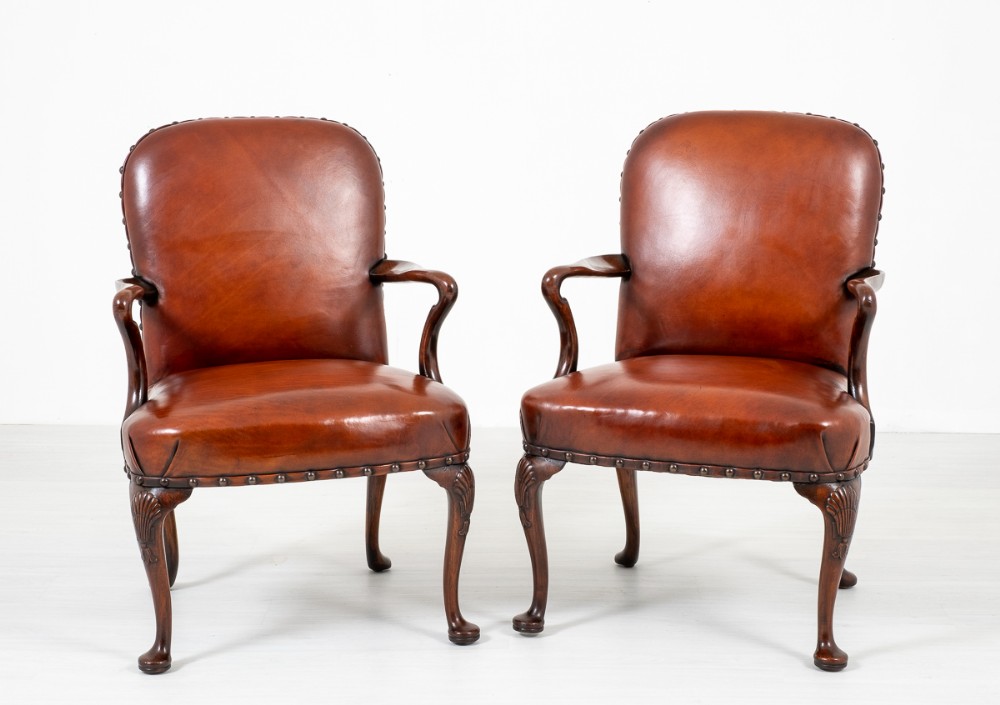 Wonderful Pair of Queen Anne Walnut and Leather Open Armchairs