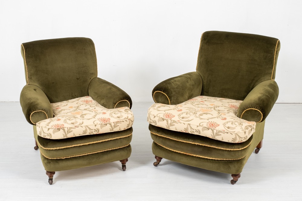 Pair of Victorian Green Velour Club Chairs