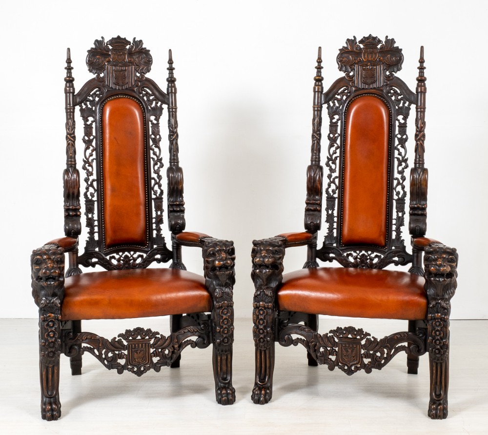 Superb Pair of Oak Throne Chairs