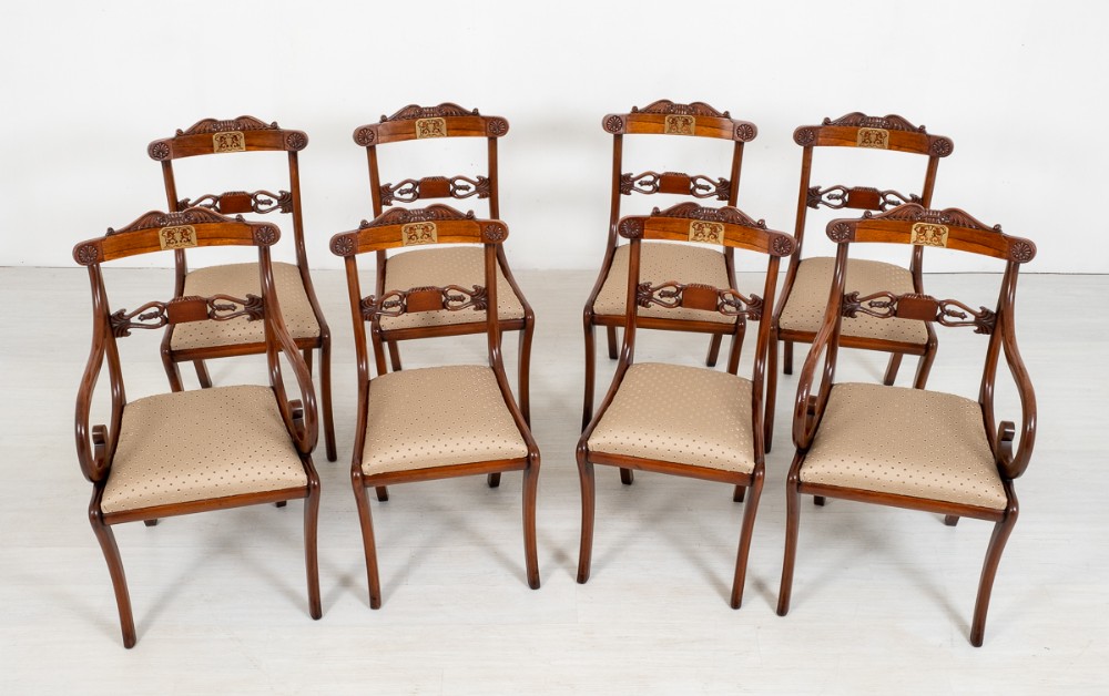 Set of 8 Regency Style Rosewood Brass inlaid Dining Chairs.