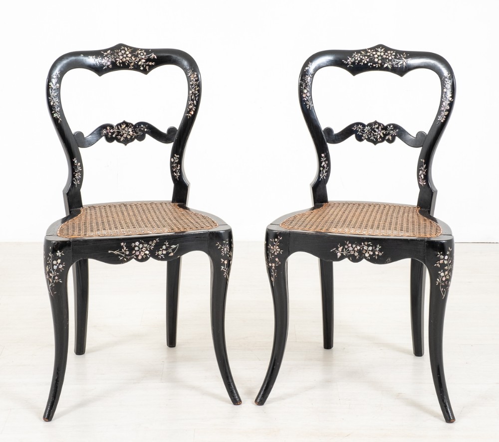 Pretty Pair of Ebonised and Mother of Pearl Side Chairs.