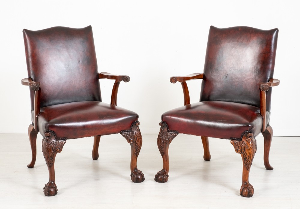 Pair of Chippendale Style Leather Gainsborough Chairs