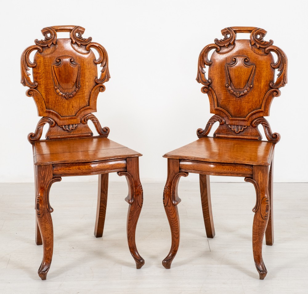 Pair of Victorian Oak Hall Chairs
