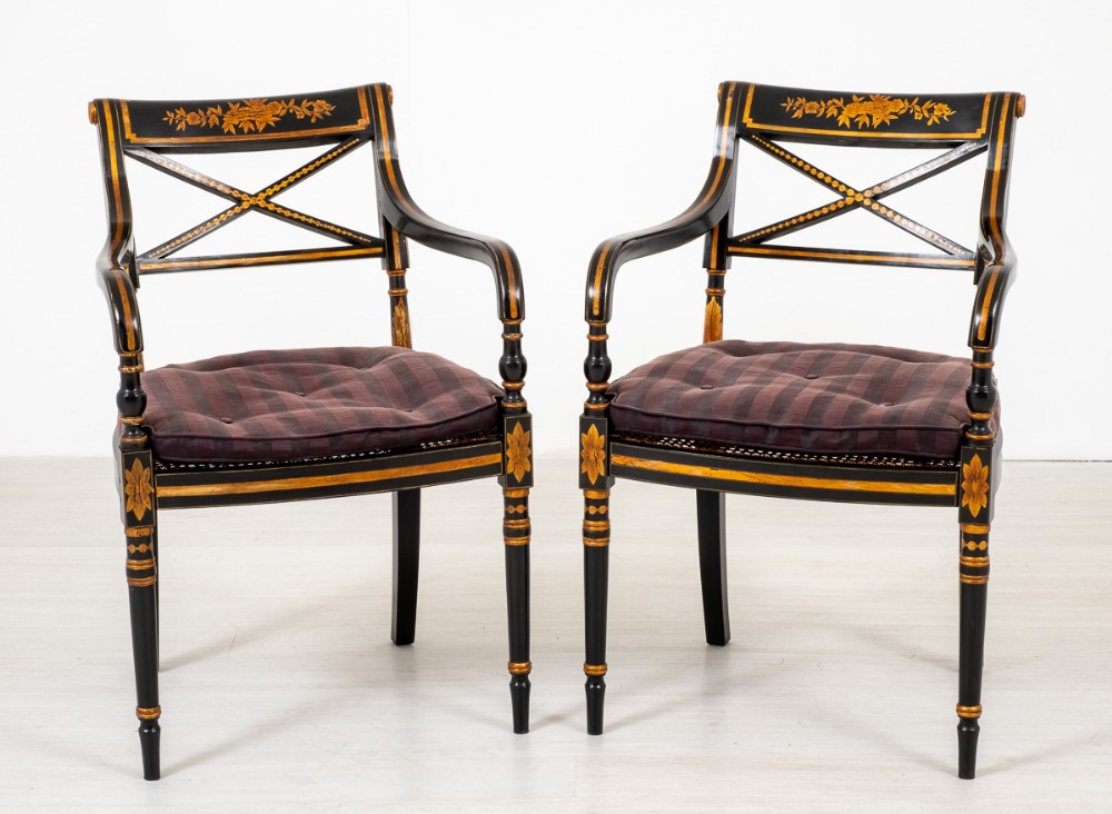Pair of Ebonised Regency Style Open Arm Chairs