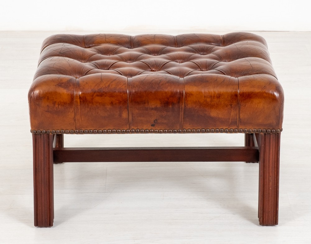 Deep Buttoned Leather and Mahogany Foot Stool