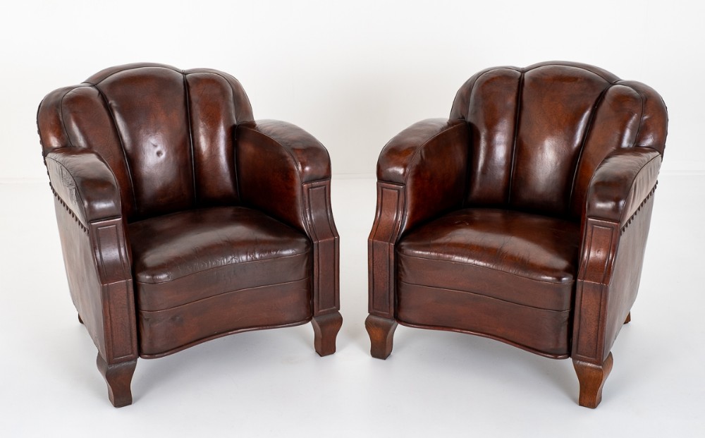 Impressive Pair of Art Deco Leather Club Chairs