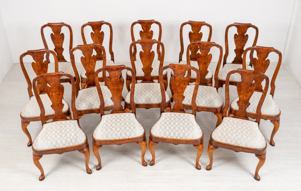 Set of 10 Figured Elm Queen Anne Style Dining Chairs 