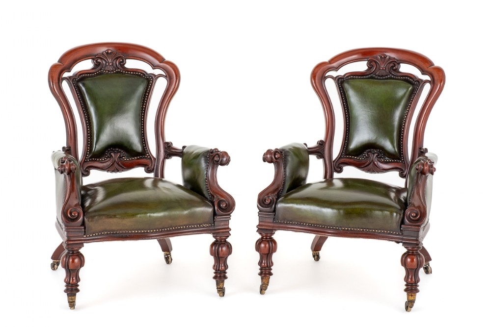 Good Pair of Early Victorian Mahogany and Leather Open Armchairs.