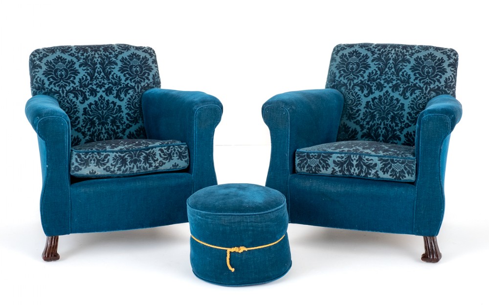 Pair of Victorian Club Chairs and Pouffe