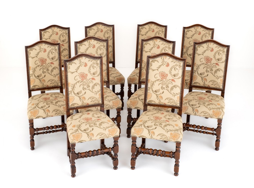 Set of 10 Oak Jacobean Style Dining Chairs