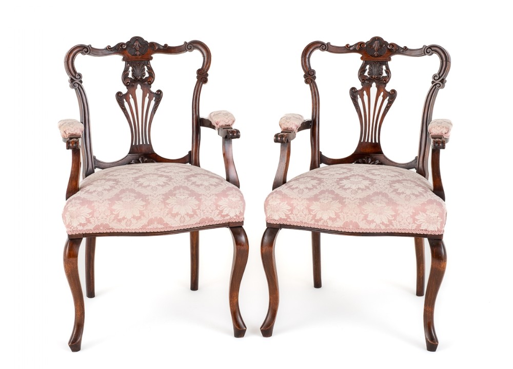 Pair of French Style Mahogany Open Arm Chairs