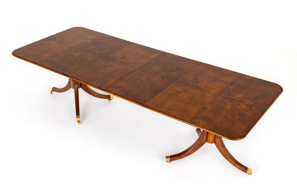 Burr Walnut 2 Pedestal Regency Revival Dining Table