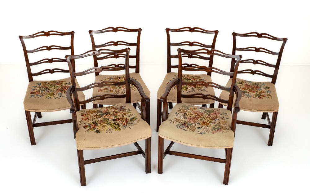 Set of 6 Mahogany Ladderback Chippendale Style Dining Chairs