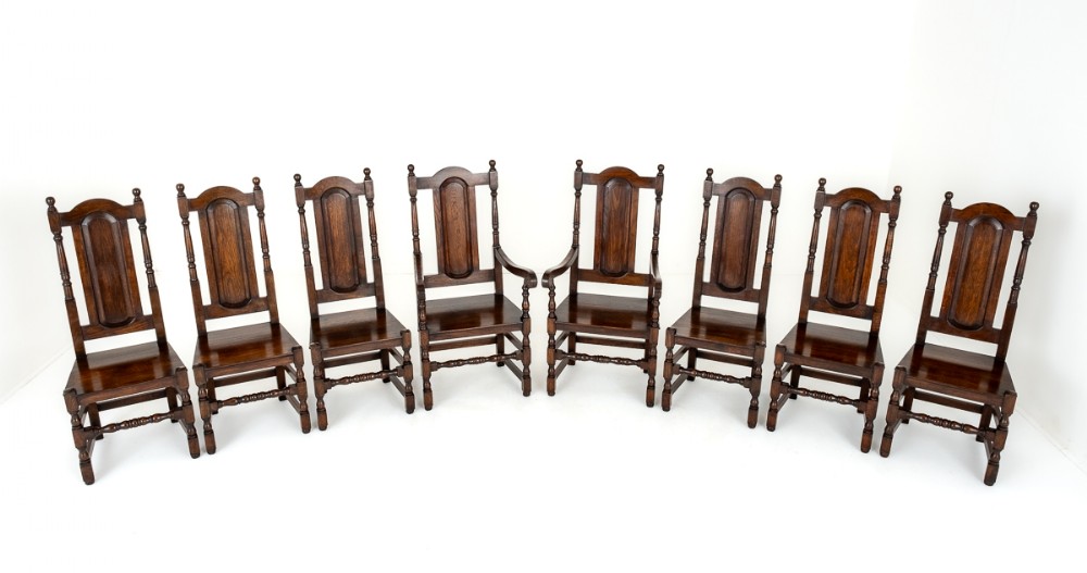 Set of 8 (6+2) Tudor style oak chairs