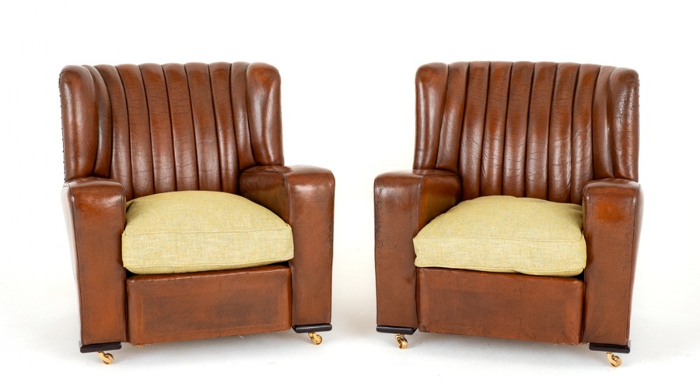Stylish Pair of Art Deco Leather Club Chairs