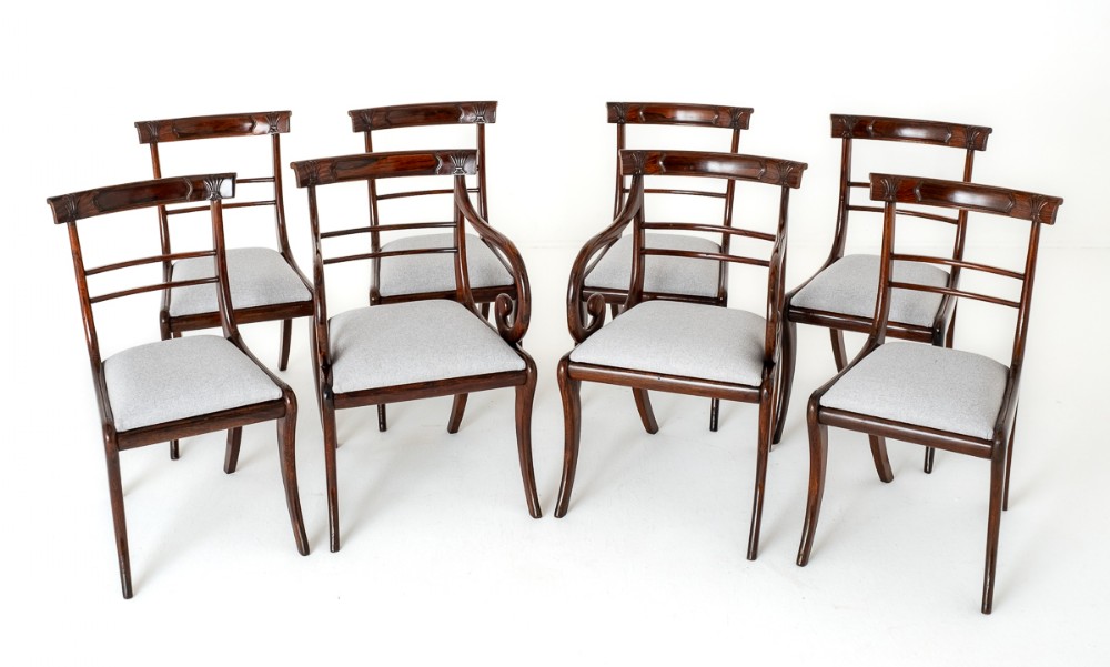Wonderful Set of 8 (6 + 2) Regency Rosewood / Simulated Dining Chairs