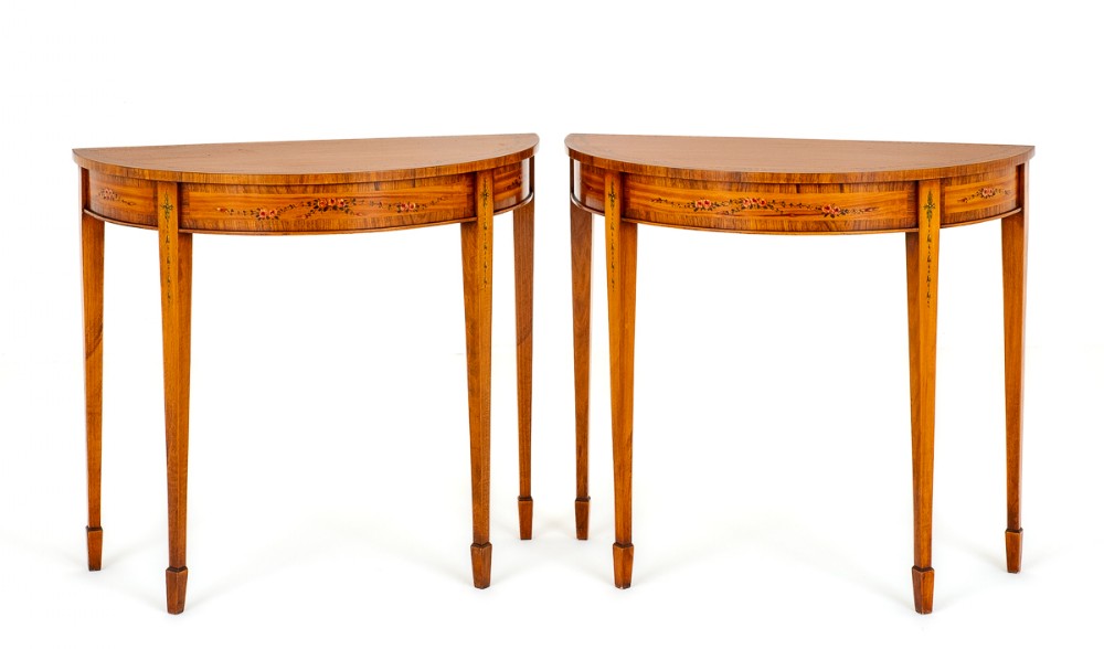 Pair of Satinwood Sheraton Revival Console Tables